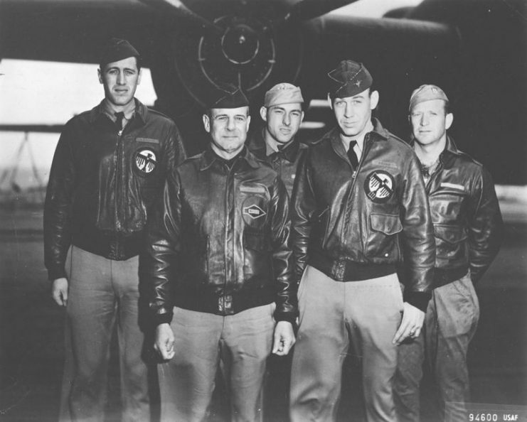 Crew No. 1 in front of B-25#40-2344 on the deck of Hornet, 18 April 1942. From left to right: (front row) Lt. Col. Jimmy Doolittle, pilot; Lt. Richard E. Cole, copilot; (back row) Lt. Henry A. Potter, navigator; SSgt. Fred A. Braemer, bombardier; SSgt. Paul J. Leonard, flight engineer/gunner.