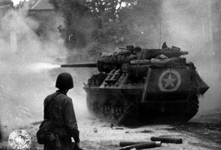 M10 in action near Saint-Lô, June 1944.