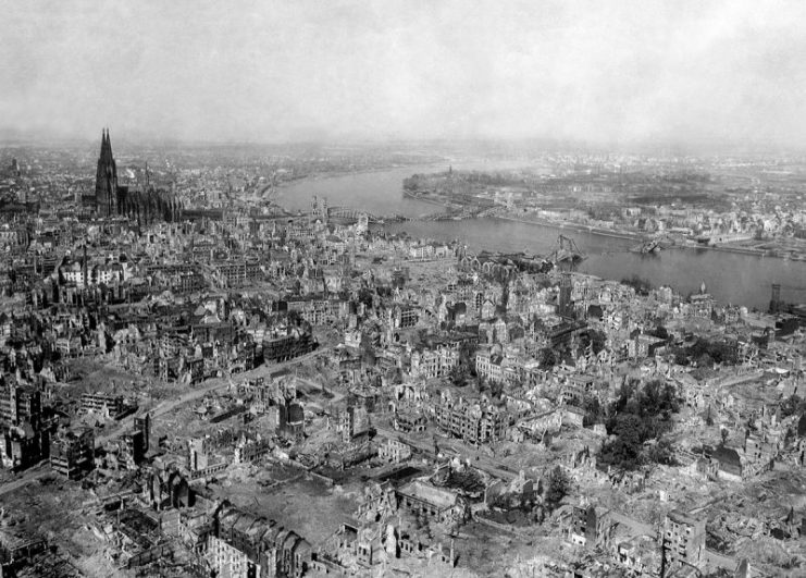 Cologne in 1945, despite being hit dozens of times by Allied bombs, the Cologne Cathedral survived the war