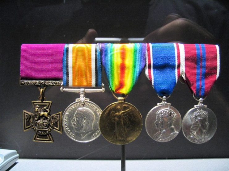 Filip Konowal’s medal set on permanent exhibition in the Canadian War Museum. From the left: the Victoria Cross, British War Medal (1914–1920), Victory Medal (1914–1919), George VI Coronation Medal (1937), Elizabeth II Coronation Medal (1953).