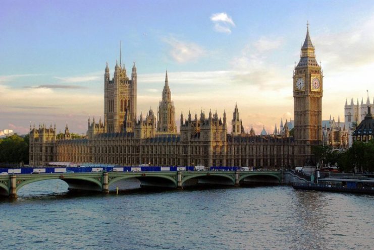 The Palace of Westminster in London, the meeting place of the Parliament of the United Kingdom.