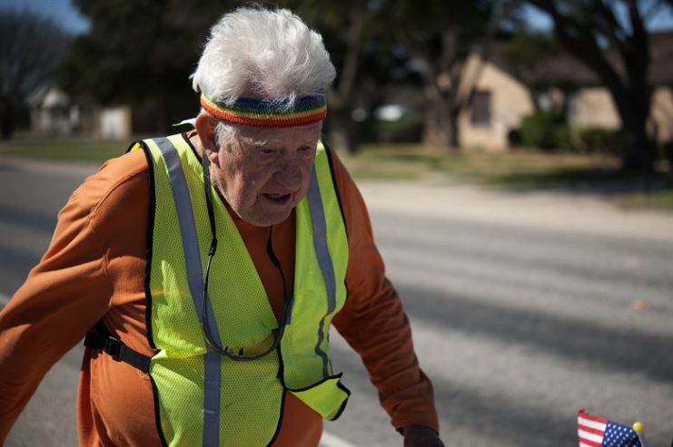 STERLING CITY, Texas — Ernie Andrus, Navy World War II veteran, runs through Sterling City March 26. Andrus drives his recreational vehicle to various cities from California to Georgia where he completes a distance run at each stop. He averages from a half to full marathon a week. (U.S. Air force photo/ Airman 1st Class Devin Boyer)