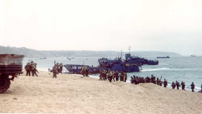 Coast Guard-manned LCI(L)-85 during a practice landing at Slapton Sands.