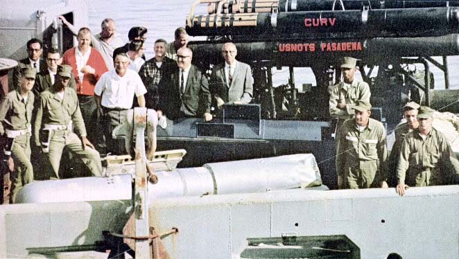 The recovered hydrogen bomb displayed on the fantail of the submarine rescue ship USS Petrel after it was located by DSV Alvin and recovered by CURV-I