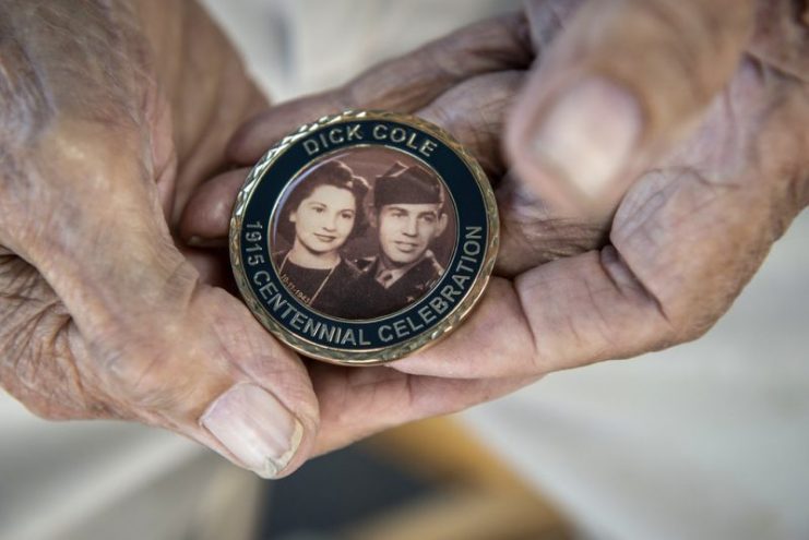 Lt. Col. Dick Cole, a Doolittle Raider, smiles while looking out of a B-25 aircraft April 20, 2013, on the Destin Airport, Fla. The B-25 is the aircraft he co-piloted during the Doolittle Raid. Air Force photo // Staff Sgt. David Salanitri