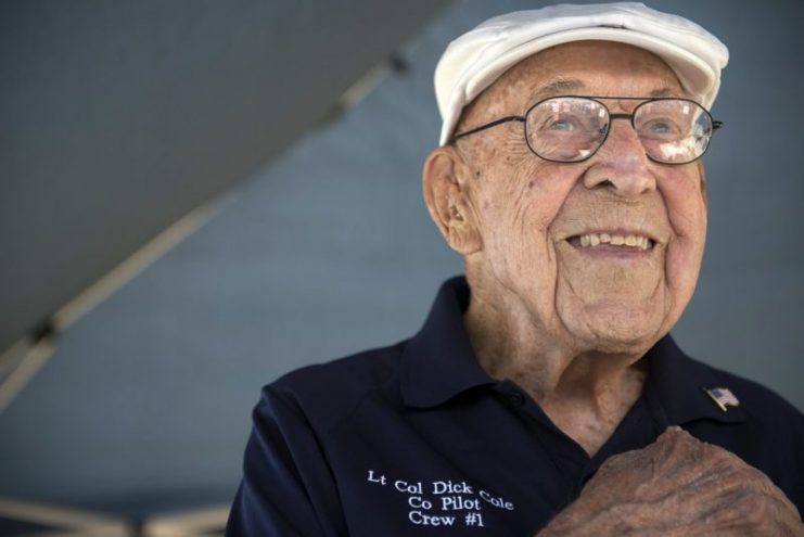 Lt. Col. Dick Cole, a Doolittle Raider, smiles while looking out of a B-25 aircraft April 20, 2013, on the Destin Airport, Fla. The B-25 is the aircraft he co-piloted during the Doolittle Raid. Air Force photo // Staff Sgt. David Salanitri