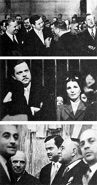 As a goodwill ambassador in 1942, Orson Welles toured the Estudios San Miguel in Buenos Aires, meeting with Argentine film personalities including (center photograph) actress Libertad Lamarque.