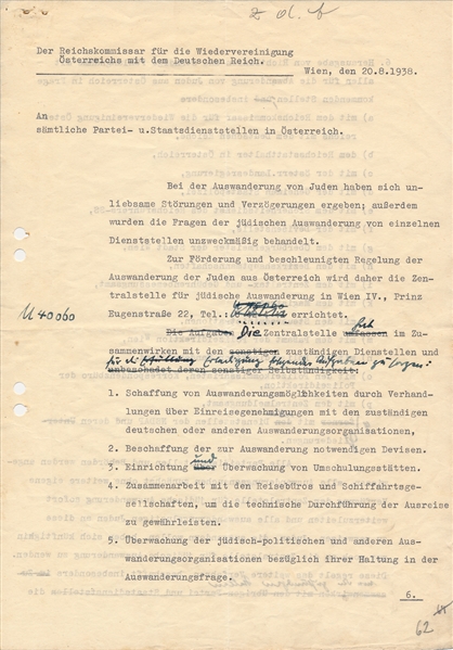Historic partial signed document, an annotated working draft letter sent to “All Party and State Services in Austria” creating the “Centre for Jewish Emigration in Vienna” …an agency created by SS-Obersturmfuhrer Adolf Eichmann sent from Berlin specifically for that task-Photo: Alexander Historical Auctions.