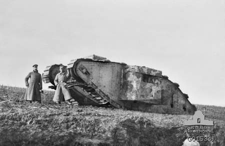 Two German officers with a captured British Army Mark II female tank. This tank’s serial number 586 is visible on the rear of the left hand side. The tank is from British unit No. 11 Company, D Battalion, commanded by Lieutenant Clarkson, and took part in the Battle of Bullecourt on 11 April 1917.