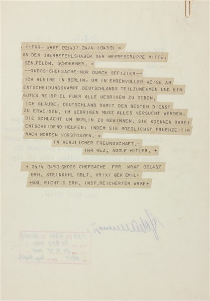 This text, Hitler’s reply to Schorner, was dictated and typed for Hitler’s reading and approval, and the sent to the Fuhrerbunker radio room for transmission. Addressed directly to Schorner, it reads, in part: “FRR – Radio Message!…Personal!…By Officer Only!…I shall remain in Berlin, so as to take part, in honorable fashion, in the decisive battle for Germany: Photo-Alexander Historical Auctions.