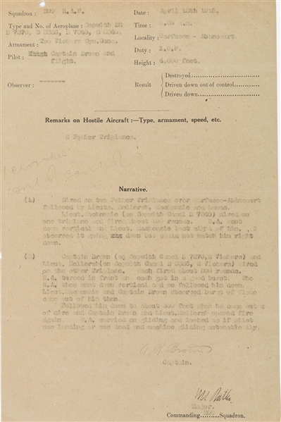 Apr. 12, 1918, a combat report describing his actions in a Sopwith 4,000 feet over Abancourt. Brown describes how a lieutenant in his flight dove upon a triplane, sending it down “down vertical”. He then describes how he and another lieutenant attacked a second triplane, each firing 800 rounds and sending this aircraft down as well-Photo: Alexander Historical Auctions.