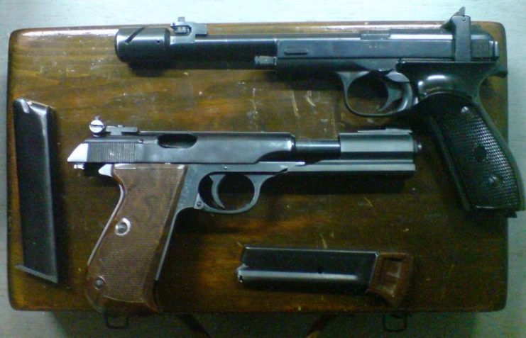 The Margolin Vostok mu 1 .22lr (MCM Standard Small-bore Pistol and the Walther PP Sport .22lr . A modified version of the Vostok was used by Princess Leia in the Star Wars movies.Photo: GorissM CC BY-SA 2.0