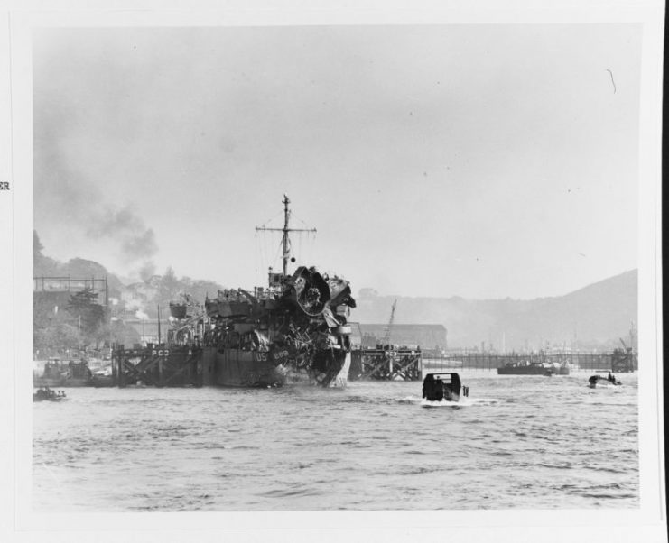 Enters Dartmouth Harbor, England, after being torpedoed by German MTBs during invasion rehearsal operations off Slapton Sands, England, on 28 April 1944.
