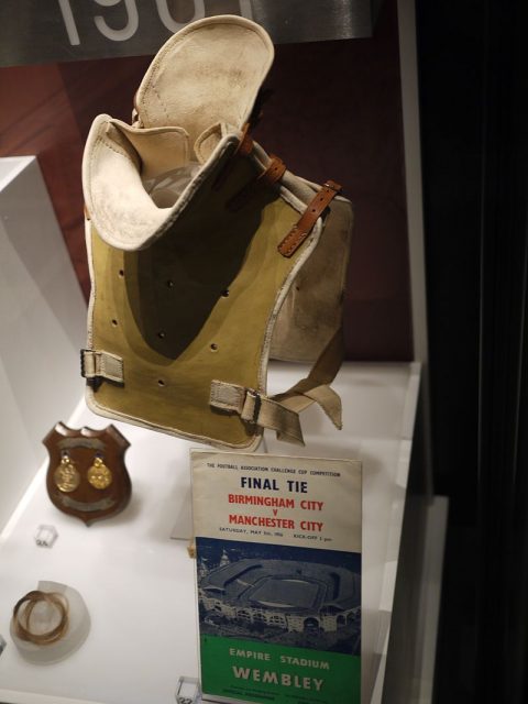 With 17 minutes of the 1956 FA Cup Final to go and Manchester City leading Birmingham City 3 – 1, Bert Trautmann broke his neck. Amazingly he carried on playing and Manchester City won the Cup. Only later was it discovered that Bert had broken his neck. He had to wear this very neck brace and missed out on most of the next season.Photo: Smabs Sputzer CC BY 2.0