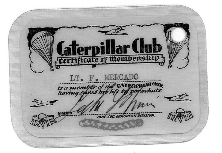 Laminated membership card to the Caterpillar Club. It was awarded to airmen who saved their lives by parachuting out of an aircraft by the Irvin Air Chute Company. Photo:Dmercado CC BY-SA 3.0