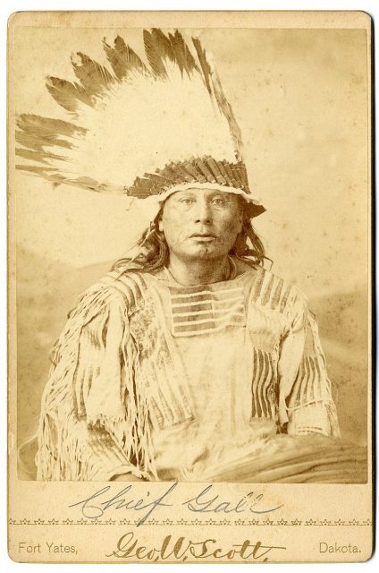 Albumen print cabinet card, waist-length portrait of Hunkpapa Lakota chief Gall (c.1840-1894) in war bonnet.Date between 1880 and 1884