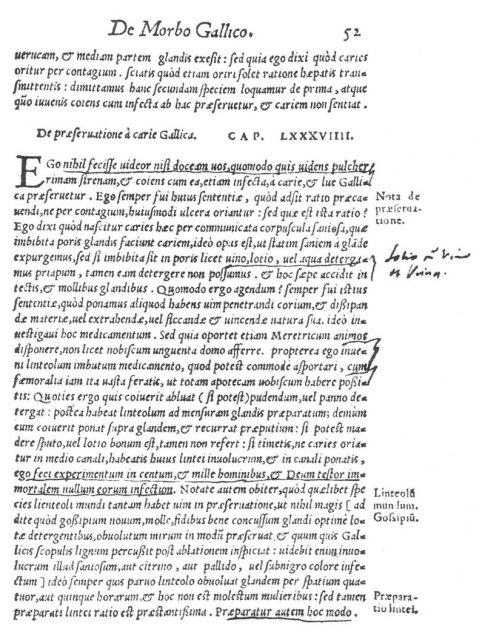 A page from De Morbo Gallico (On the French Disease), Gabriele Falloppio’s treatise on syphilis. Published in 1564, it describes what is possibly the first use of condoms.