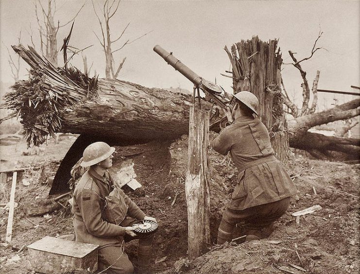 Australian Soldiers firing a Lewis gun at enemy aircraft during the First World War