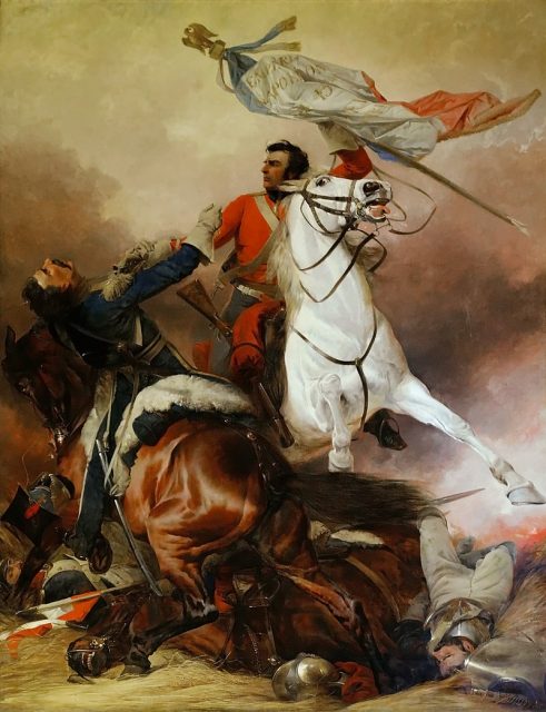 Royal North British Dragoons’ Sergeant Charles Ewart defending the seized standard of the French 45th Regiment of the Line from a French lancer during the Battle of Waterloo, 18 June 1815.