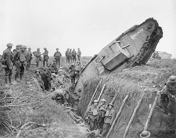 A Mark IV (Male) tank of ‘H’ Battalion, ‘Hyacinth’, ditched in a German trench while supporting 1st Battalion, Leicestershire Regiment near Ribecourt during the Battle of Cambrai, 20 November 1917.