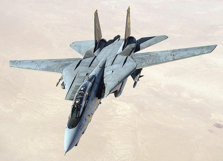 A U.S. Navy F-14D conducts a mission over the Persian Gulf-region in 2005.