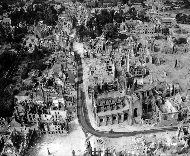 Aerial view of the city of Vire after the bombardment of June 6th, Notre-Dame church is the only building standing in the middle of ruined buildings.