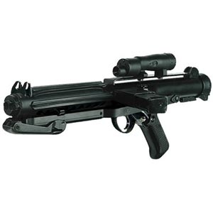 A prop E-11 blaster carbine based from Sterling Gun, as used by Imperial stormtroopers.