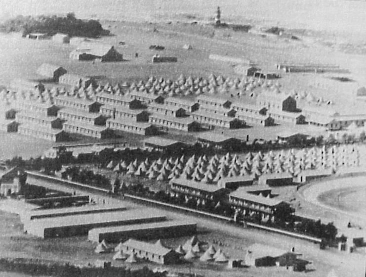 A Transit camp for Prisoners of War near Cape Town during the war. Prisoners were then transferred for internment in other parts of the British Empire.