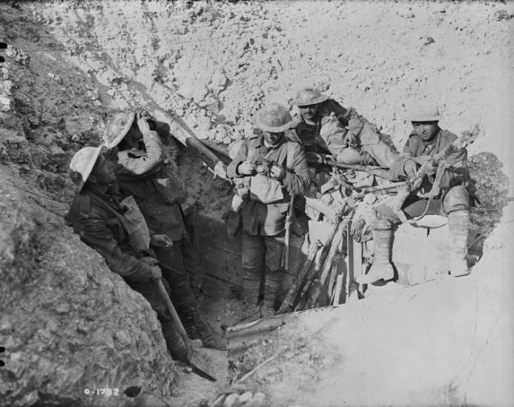 Canadians in captured trenches on Hill 70. August, 1917.