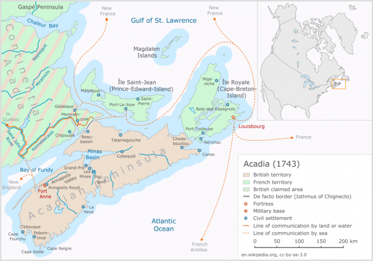 Acadia in 1743, the year before King George’s War had begun. Major battles of the war are marked on the map. Photo: Mikmaq -CC BY-SA 3.0