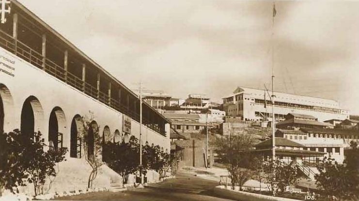 Photograph showing the headquarters of the British Forces in Aden (in Barrack Hill, Steamer Point). The R.A.F. Hospital is seen in the background.