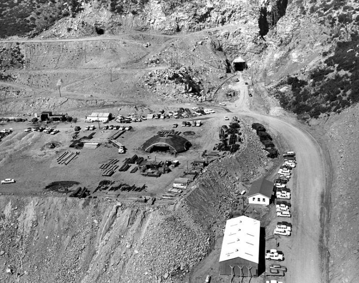 Aerial view of Cheyenne Mountain excavation and construction area in 1963