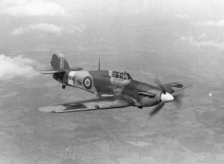 Hurricane Mark I, W9232, in flight. This aircraft formerly served with Nos. 85, 23 and 247 Squadrons RAF