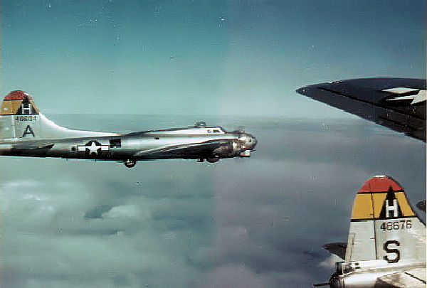 B-17G Flying Fortresses 44-6604 and 44-8676 of the 306th Bomb Group showing groups “Triangle H” Tail Marking