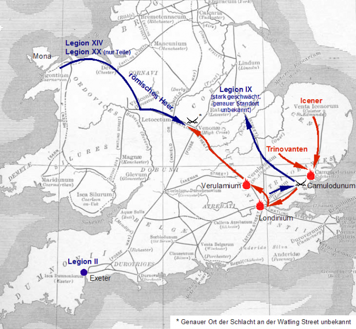 A somewhat inaccurate account of the Boudica Revolt (AD 60 or 61) against the Romans in Britain, set over an inaccurate map of Roman roads a century out of date.