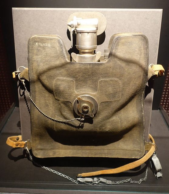 Breathing apparatus M-1940 Momsen, used for submarine rescues – Marinmuseum, Karlskrona, Sweden