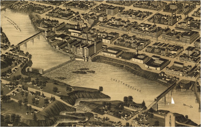 The Battle of Columbus hinged on control of the two covered bridges that connected Girard, Alabama to Columbus, Georgia across the Chattahoochee River; in order to prevent access to Columbus, Confederates set fire to the lower bridge (right)