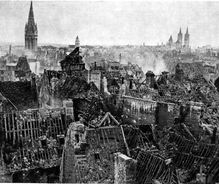 Caen, Normandy after Allied bombings on July 8 and 9, 1944