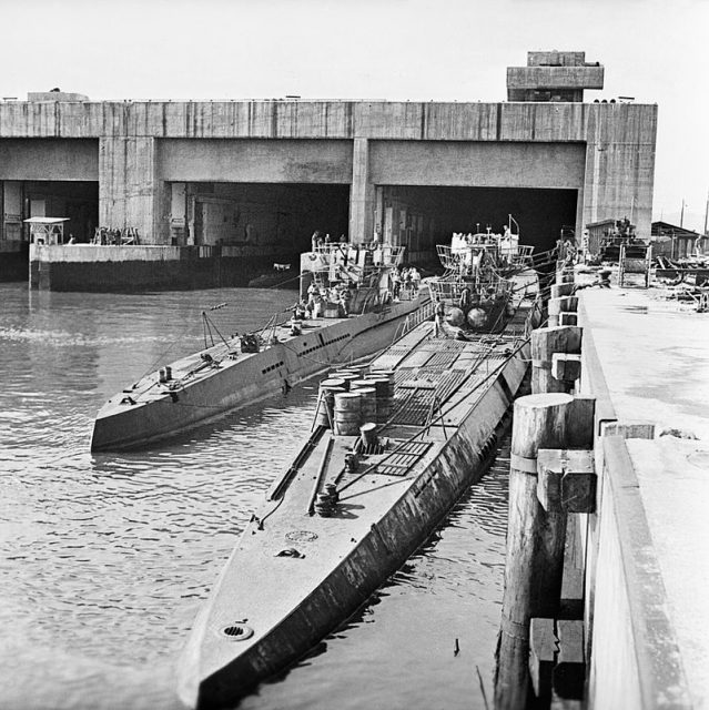 Surrendered German U-boats moored outside the Dora 1 bunker in Trondheim, Norway, May 1945