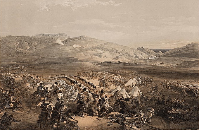 Print shows the Enniskillen Dragoons and the 5th Dragoon Guards engaging the Russian cavalry in the midst of the camp of the light cavalry brigade which is being plundered by the Russian troops during the battle of Balaklava.
