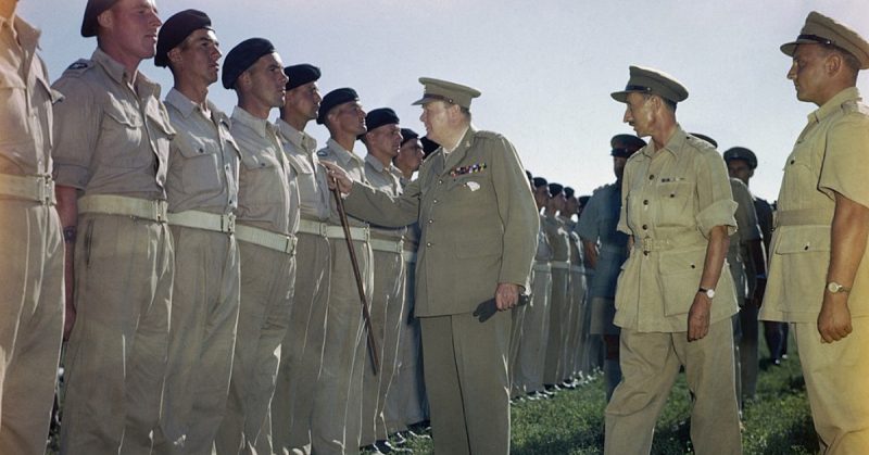 Churchill inspecting the 4th Queen's Own Hussars, of which he was the colonel of the regiment, in Italy during 1944
