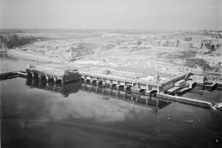 Concrete U-boat pens at Brest showing damage sustained after bombing attacks by the Royal Air Force.