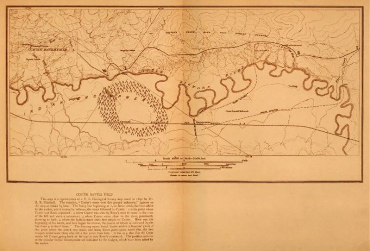 Reproduction of a U.S. Geological survey map of the Little Bighorn river and hills annotated with Custer’s route over battlefield, as determined by Edward S. Curtis