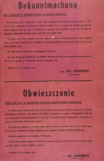 Announcement of death penalty for Jews found outside the ghetto and for Poles helping Jews in any way, 1941