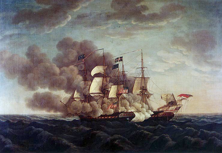 Depiction of HMS Guerriere’s last battle, against the USS Constitution, by Michel Felice Corne