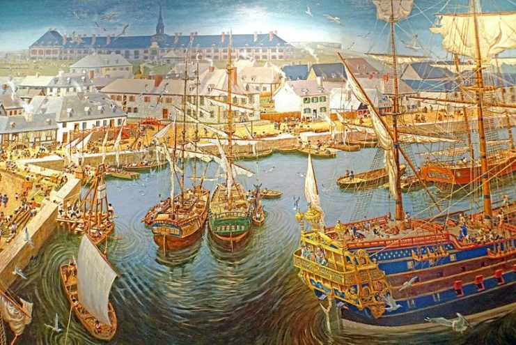Depiction of the Port of Louisbourg prior to the fortress’s dismantling by the British. At the time, the settlement was the third busiest port in North America.