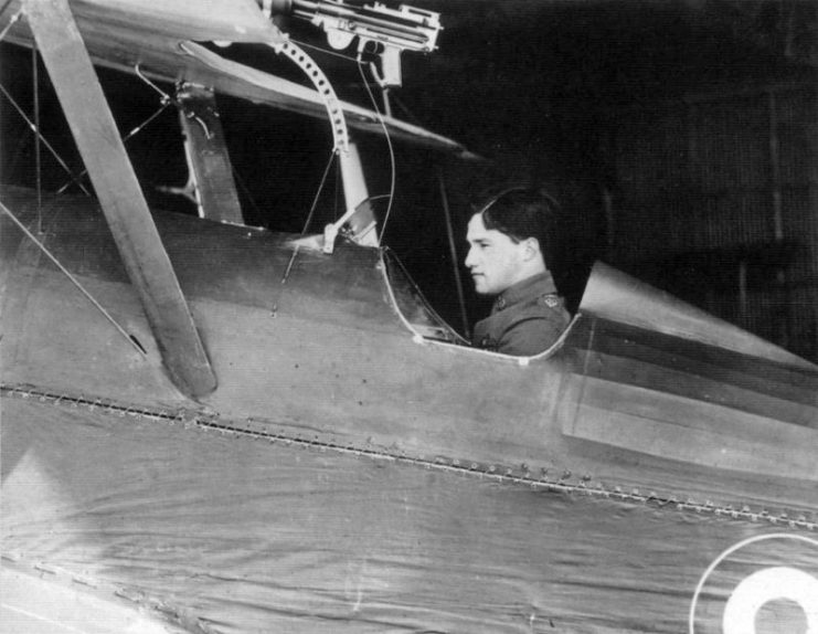 English WWI flying ace Captain Albert Ball in the cockpit of his SE5a fighter.