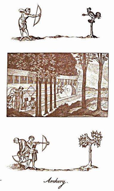 Three panels depicting archery in England from various time periods.