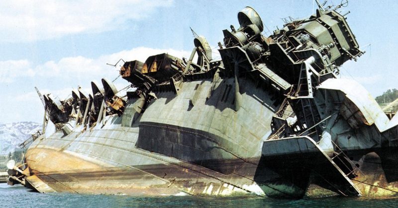 Imperial Japanese Navy's aircraft carrier Amagi capsized after U.S. navy air raid, Kure, Japan.