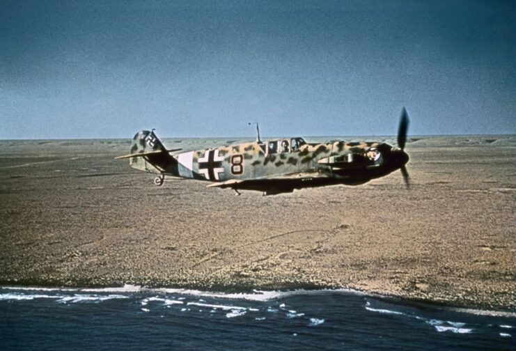 German Messerschmidt Bf-109 fighter plane with its “desert” camouflage, in Libya, North Africa, 1942. Photo by: Photo12/Universal Images Group via Getty Images
